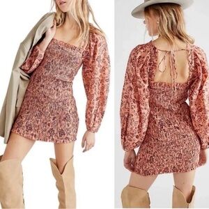 Free People Mini Dress Smock It To Me Size L Apricot 100% Cotton Boho Western
